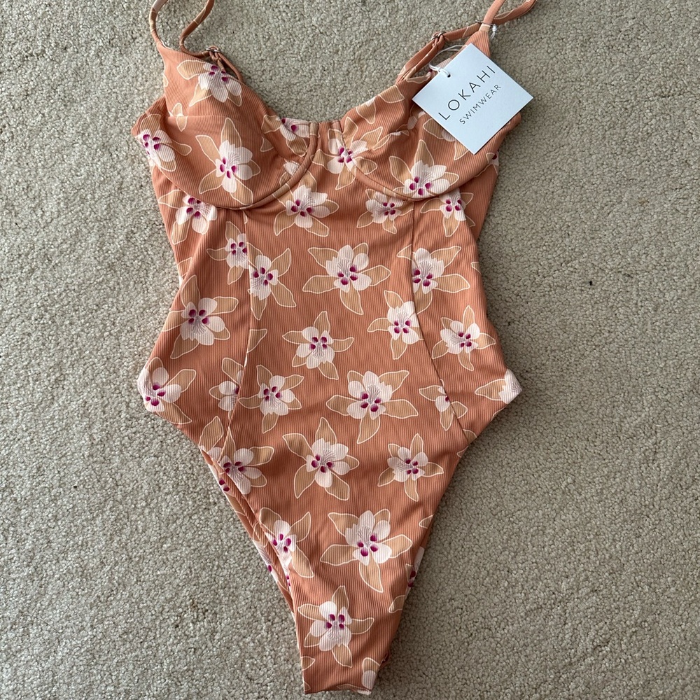 Pink and Brown One Piece Swimsuit with High-Leg Cut